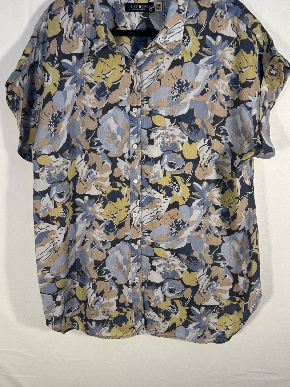 Ralph Lauren Floral Button-Front Short Sleeve Blouse in Blue, Tan, Olive